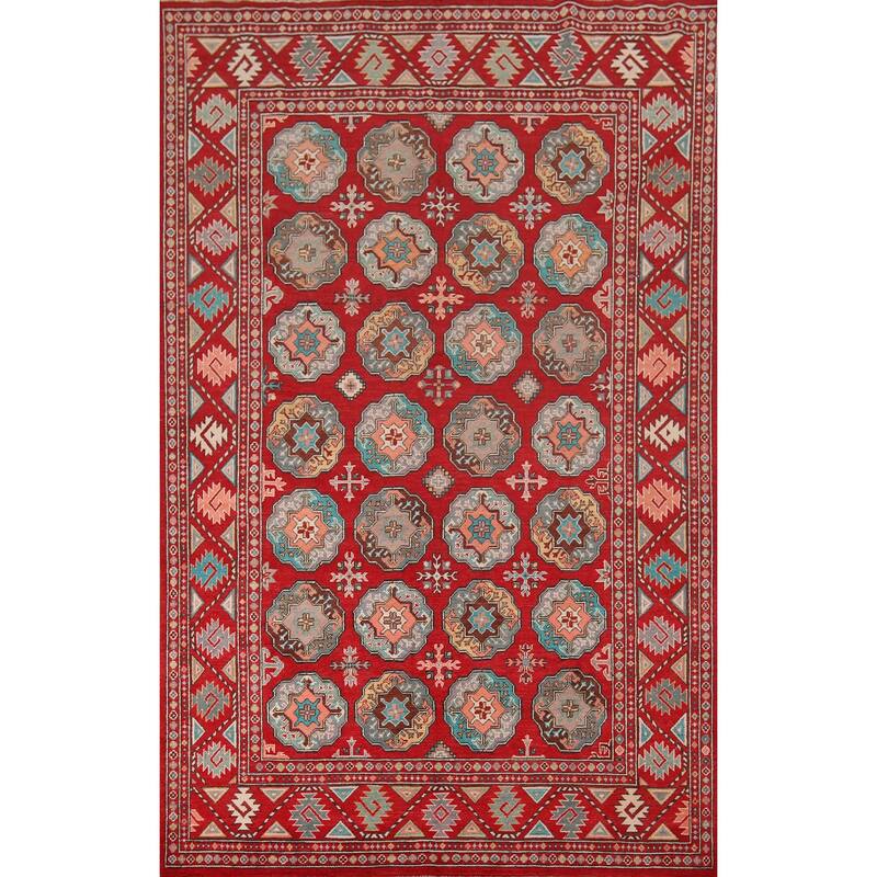 All-Over Red Geometric Kazak Area Rug Handmade Wool Carpet - 6'5" x 9'9"