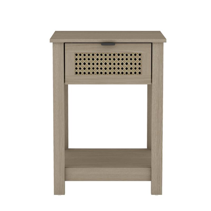 Idiana 1-Drawer Oak Nightstand Sidetable with Laminated Rattan (23.2 in. H x 16.5 in. W x 15.4 in. D)