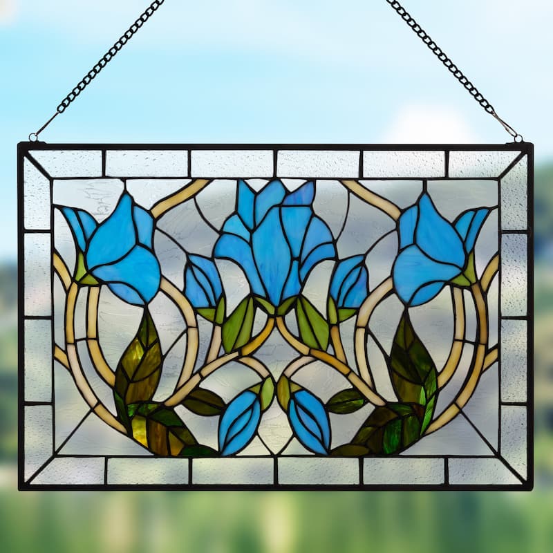 16-in H Blue Floral Vines Multicolored Stained Glass Window Panel - 24" x 0.25" x 16"