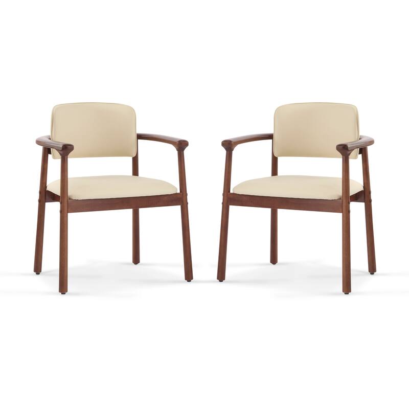 Roomfitters 2-Pack Mid-Century Dining Chairs, PU Upholstered Seat with Curved Rubber Wood Frame, Cream and Walnut