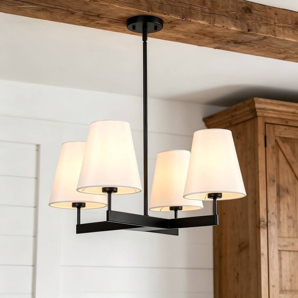 Rennnsan 4-Light 26 in. Modern Matte Black Chandelier with White Fabric Shades for Dining Room - 26.0 in. Dia x 10.8 in. H