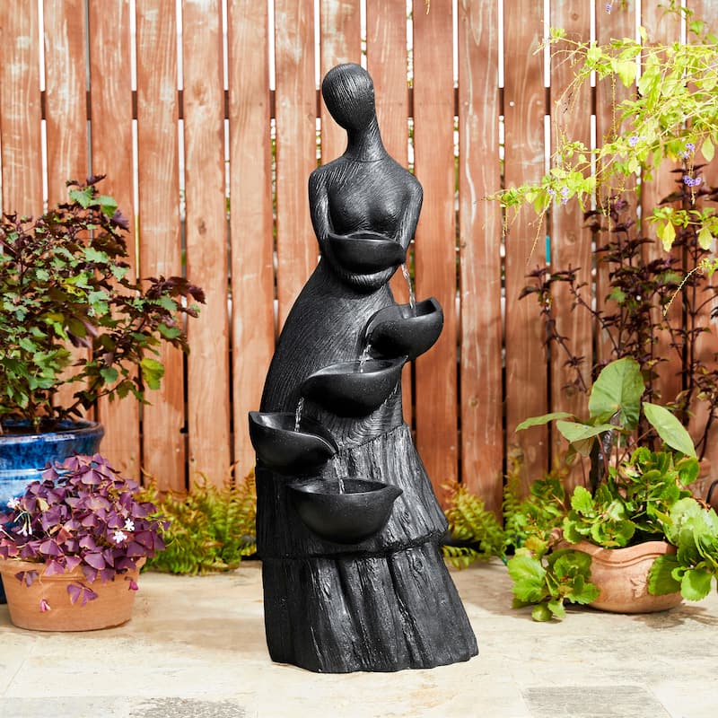 Glitzhome 39"H LED Polyresin 5-Tiered Woman Stone Sculpture Water Fountain Outdoor