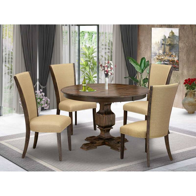 HomeStock 5-Piece Distressed Jacobean Finish Solid Wood Top Dining Table with 4 Parson Chair