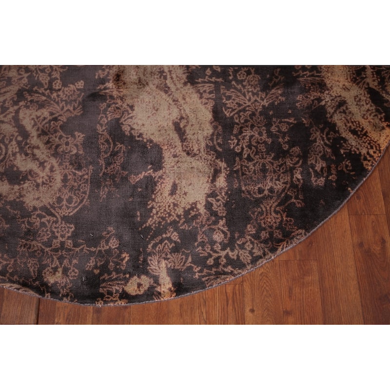 Contemporary Brown Abstract Round Rug Handmade Wool Carpet - 5'2" X 5'0"