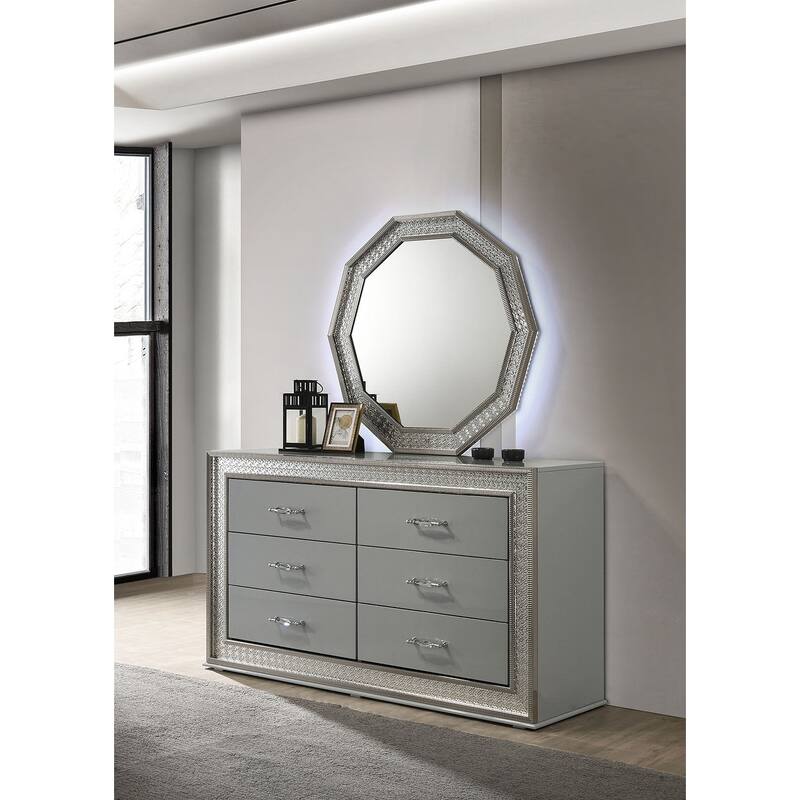 Glam Metallic Gray 4-Pc Bedroom Furniture Set with Backlit LED on Headboard and Mirror