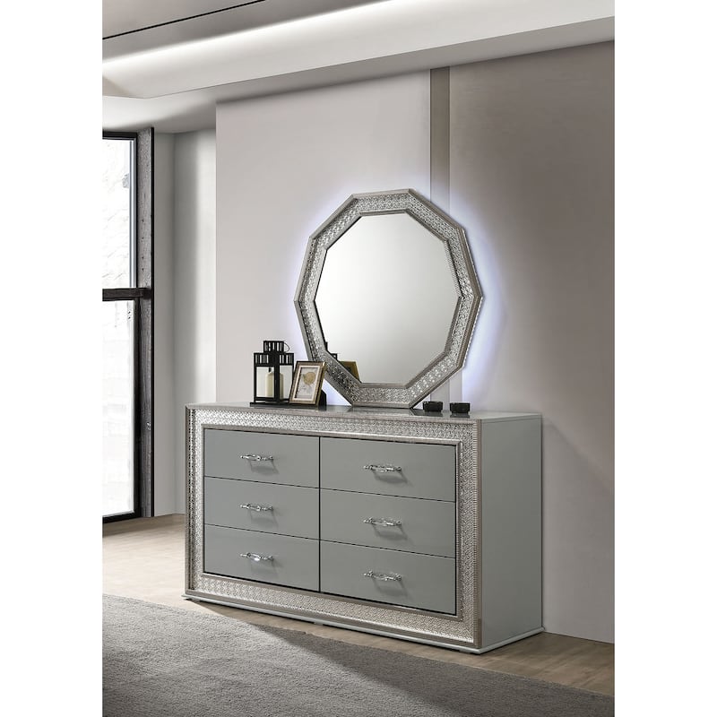 Glam Metallic Gray Bedroom Set with Backlit LED on Headboard and Mirror