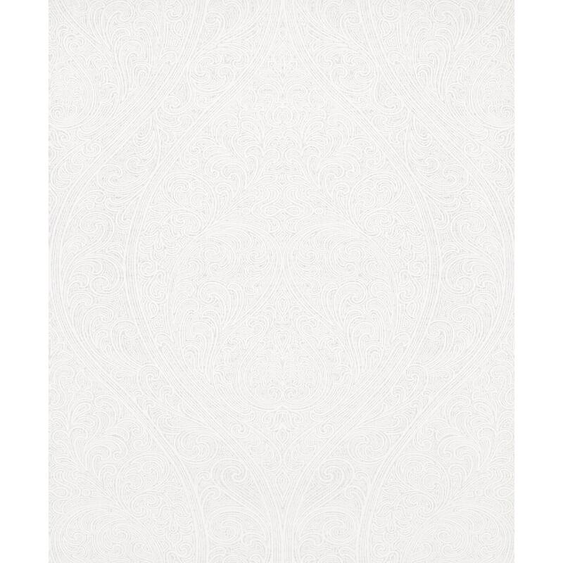 Galerie Wallcoverings Serene Collection Metallic Large Ogee Damask Vinyl on Non-woven Wallpaper Roll - 33 feet x 21 inches - White