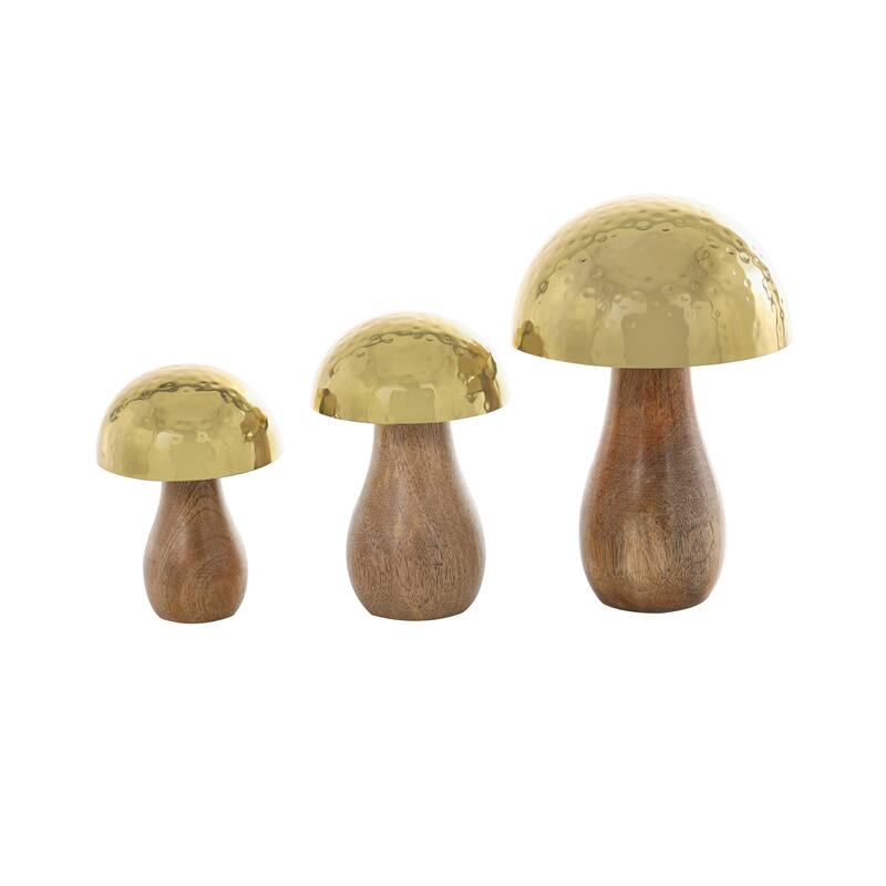 Gold or Silver Stainless Steel Handmade Hammered Mushroom Sculpture with Brown Mango Wood Bases (Set of 3)