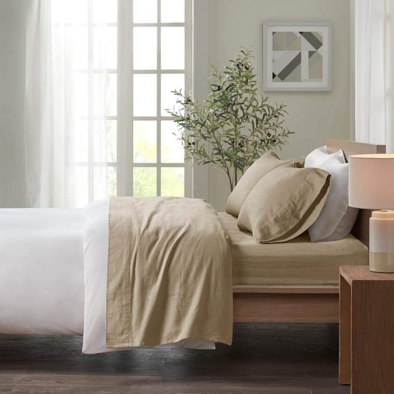 Madison Park Cozy Cotton Flannel Printed Sheet Set - Twin - Tan Solid