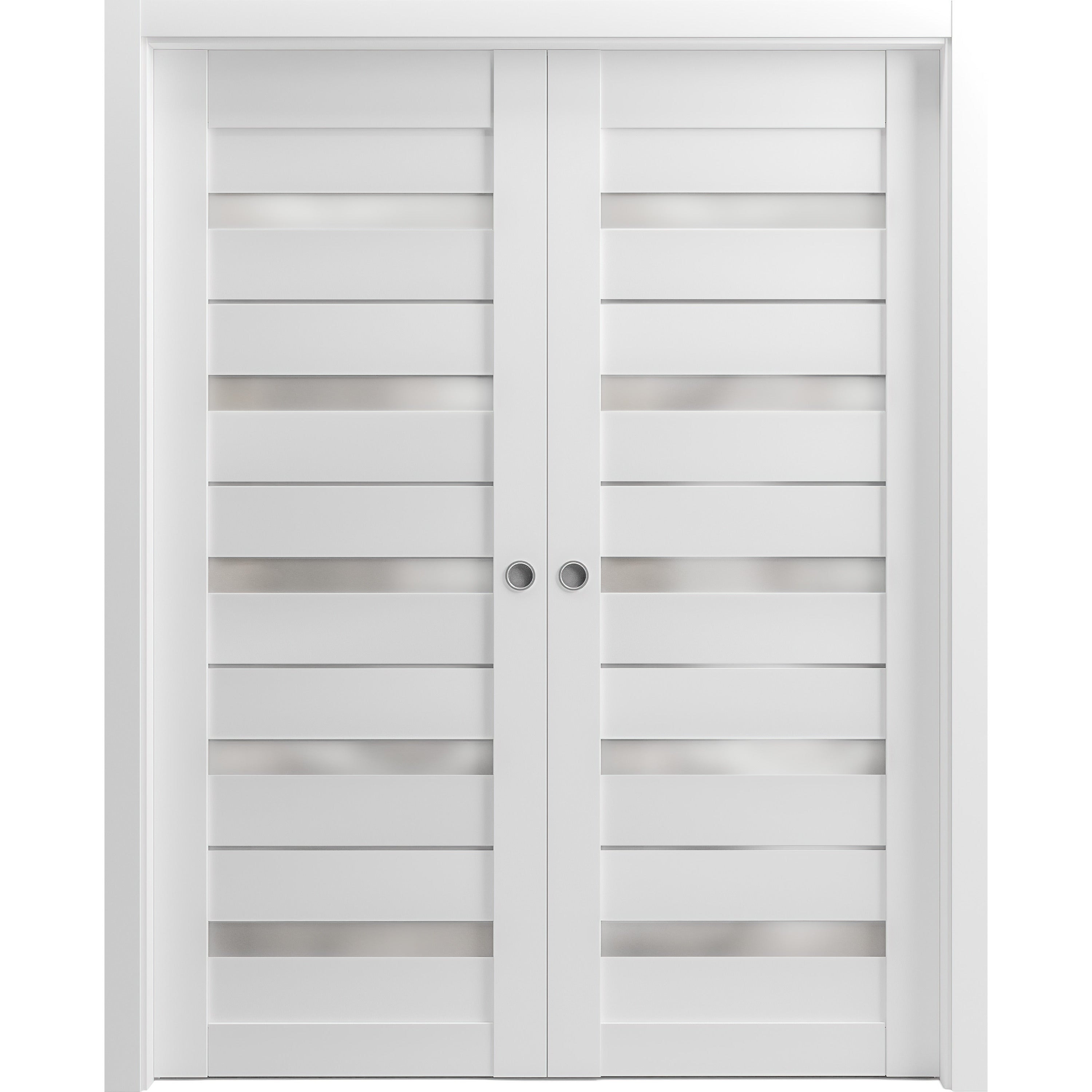 Sliding French Double Pocket Doors Frosted Glass Quadro 4445 Light Grey Oak Kit Trims Rail Hardware Solid Wood-36x80 (2*18x80)