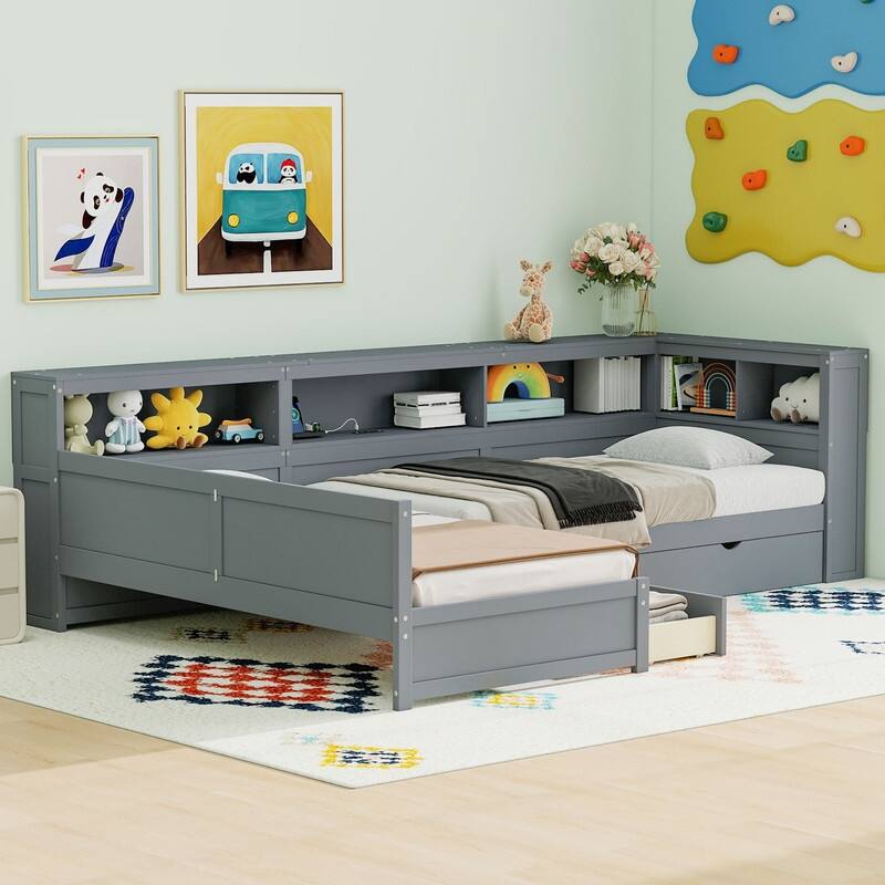 Twin Size Wood L-shaped Platform Bed with Trundle and a Drawer