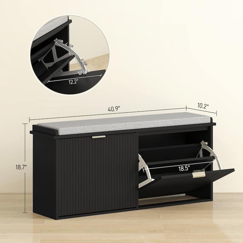 Entryway Storage Bench with Cushioned Seat and 2 Flip Up Shoe Cabinets