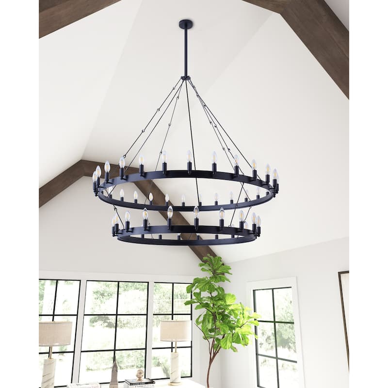 Industrial Black 48-Light Candle Style Wagon Wheel Chandelier
