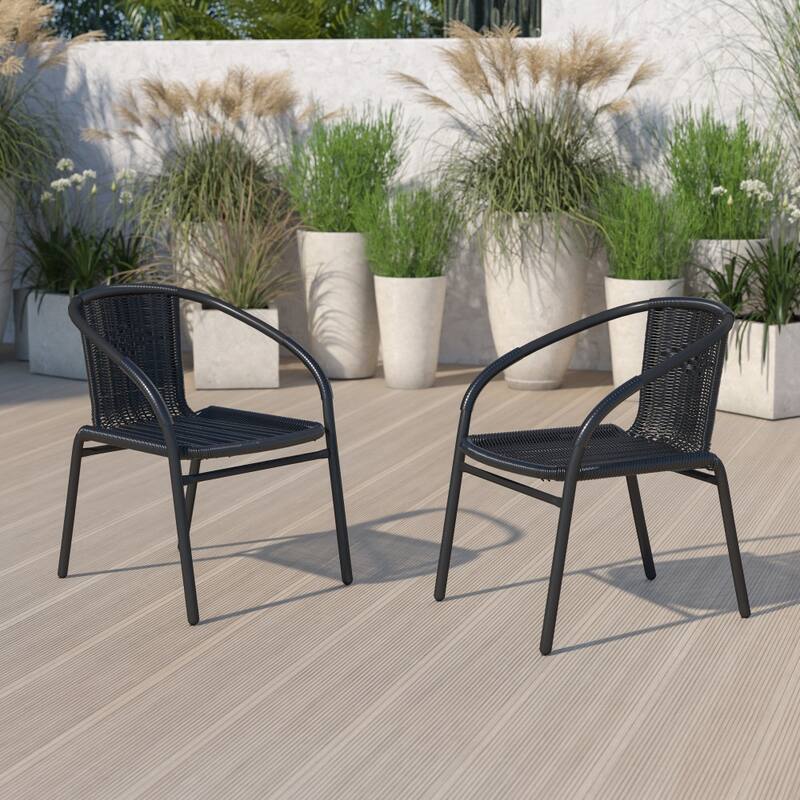2 Pack Rattan Indoor-Outdoor Restaurant Stack Chair - Black