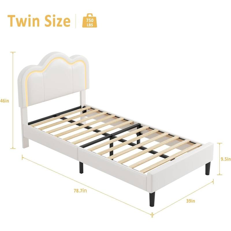 Twin Size Upholstered Bed Frame with RGB LED Light Height Adjustable Headboard