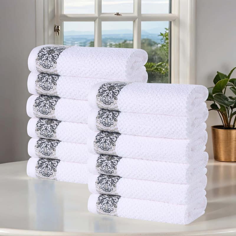 Superior Medallion Cotton Jacquard Soft Face Towel Washcloth Set of 12 - White-Stone