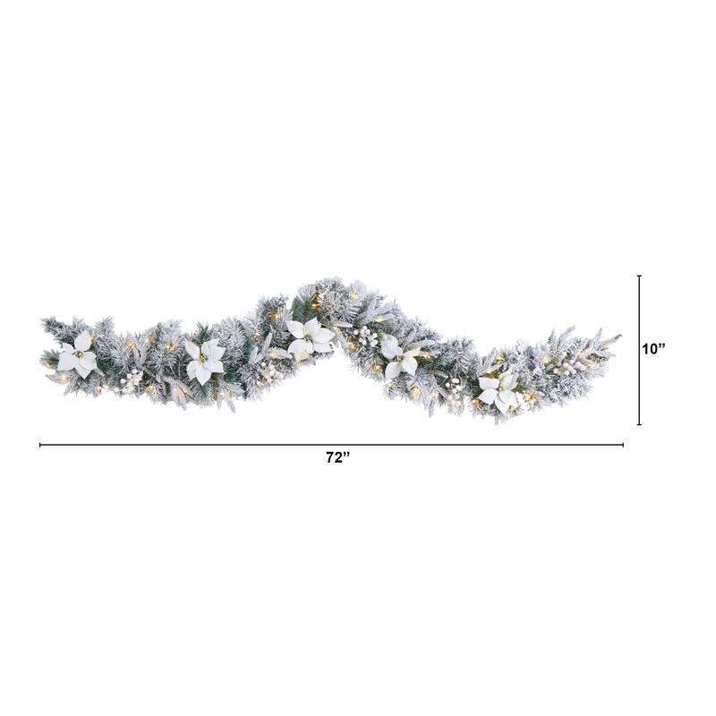 6' Flocked Poinsettia and Berry Artificial Christmas Garland with 50 Warm White LED Lights - 72