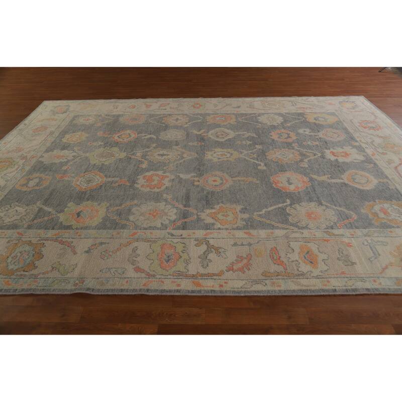 Hand Knotted Oriental 100% Wool Carpet Transitional All-Over Greys & Charcoal Oushak Area Rug - 12' 0'' X 8' 1''