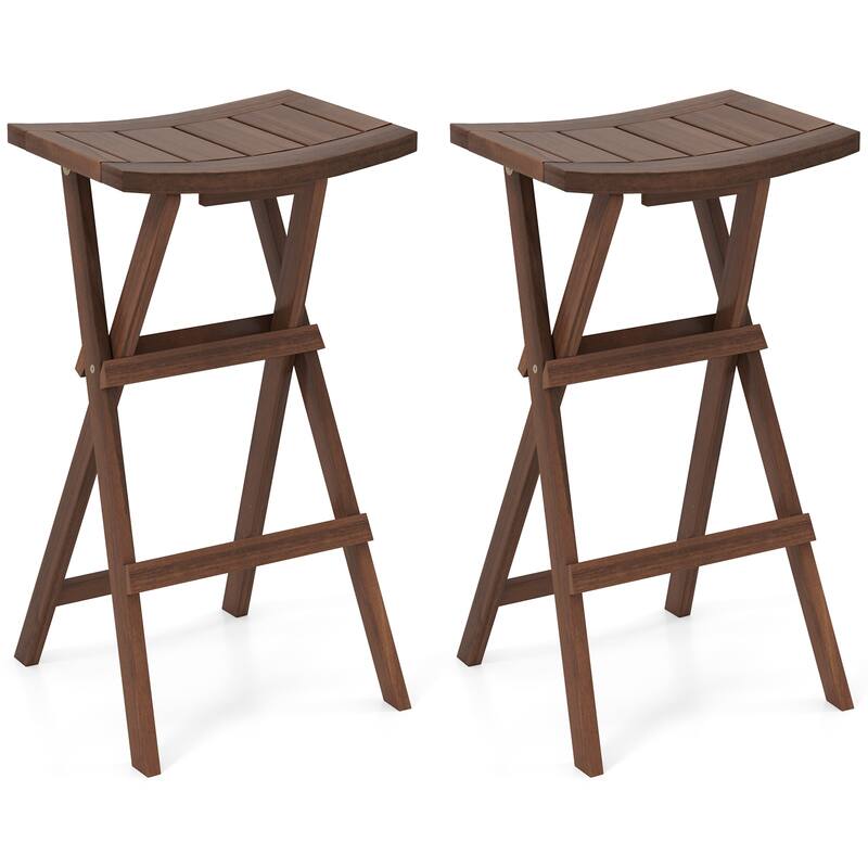Gymax Bar Stools Set of 2 30'' Folding Bar Height Stools w/ Saddle - Bar Height - Brown - Set of 2