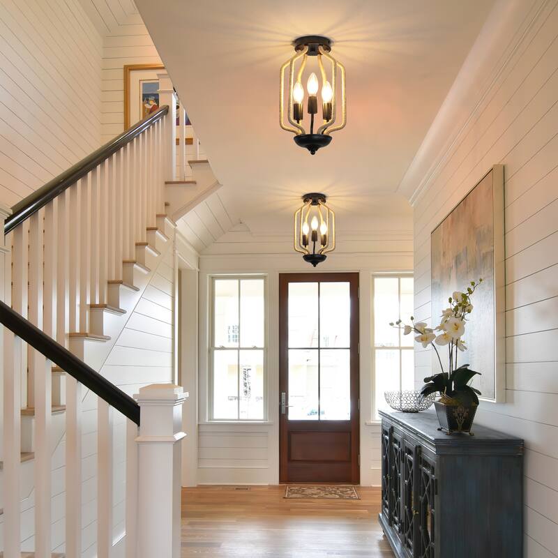 Rustic 3 - Light E12 Flush Mount Ceiling Light, Black Metal & Hemp Rope Cage Fixture - Matte Black