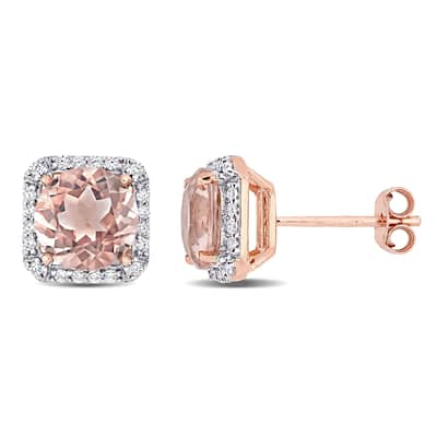Miadora Rose Plated Sterling Silver Simulated Morganite & Cubic Zirconia Cushion Halo Stud Earrings - 8.7mm x 6.1mm