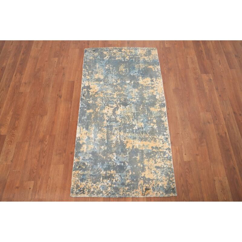 Hand Knotted Oriental Viscose Silk Carpet Modern All-Over Greys & Charcoal Abstract Area Rug - 4' 0'' X 2' 0''