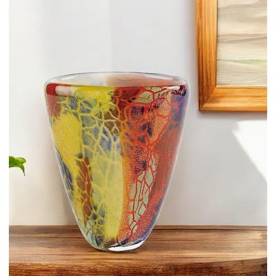 HomeRoots 8" Orange Red and Yellow Murano Glass Abstract Oval Table Vase