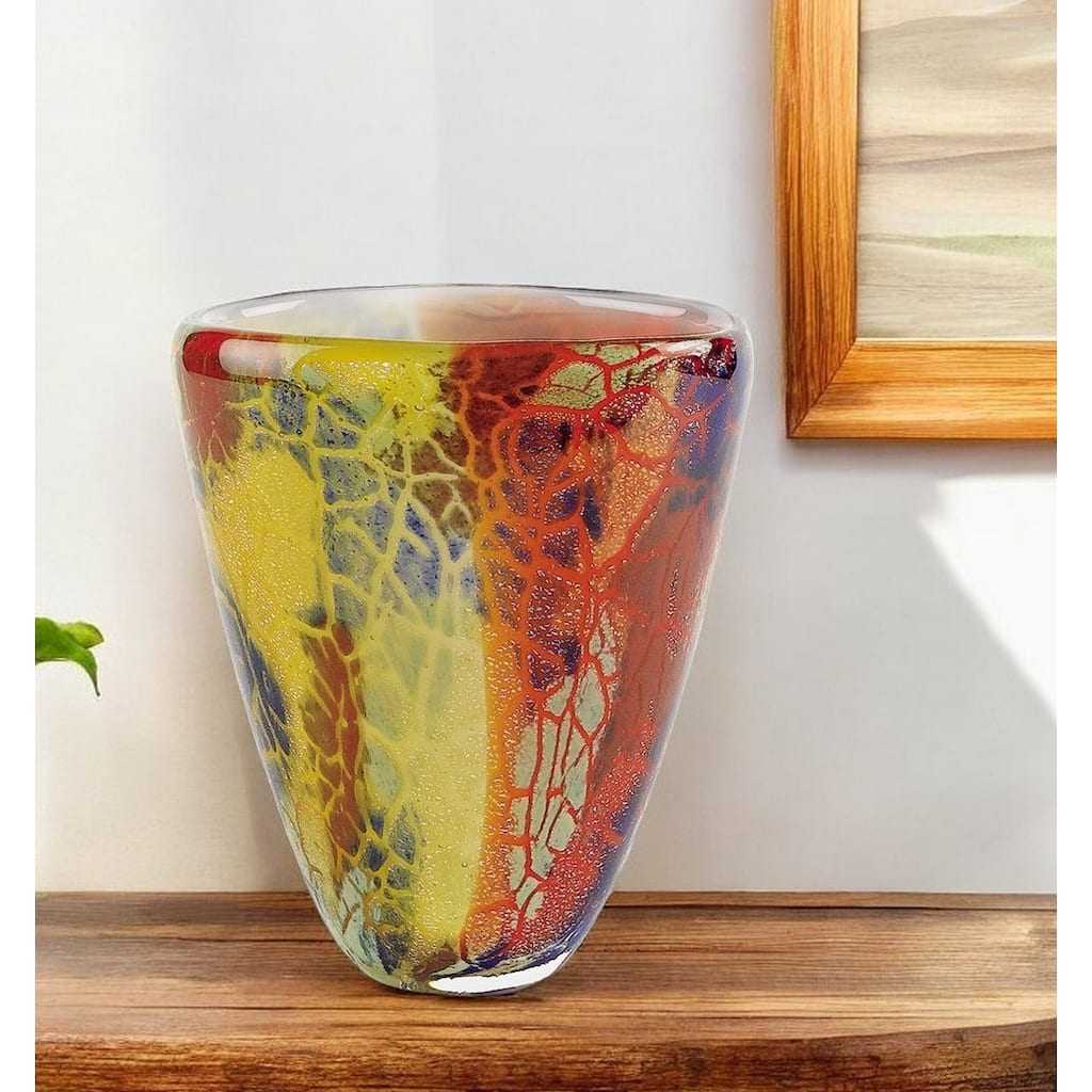 HomeRoots 8" Orange Red and Yellow Murano Glass Abstract Oval Table Vase
