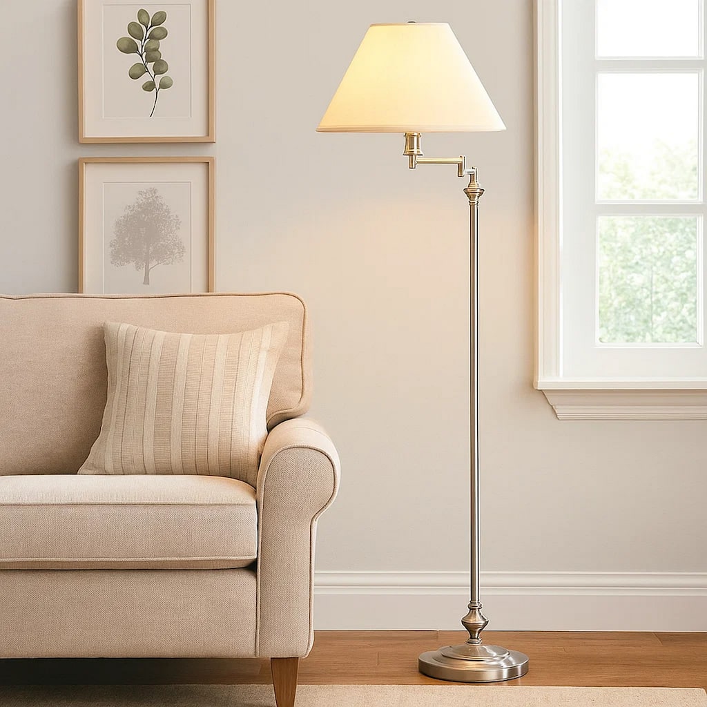 150 Watt Metal Floor Lamp with Swing Arm and Fabric Conical Shade, Silver