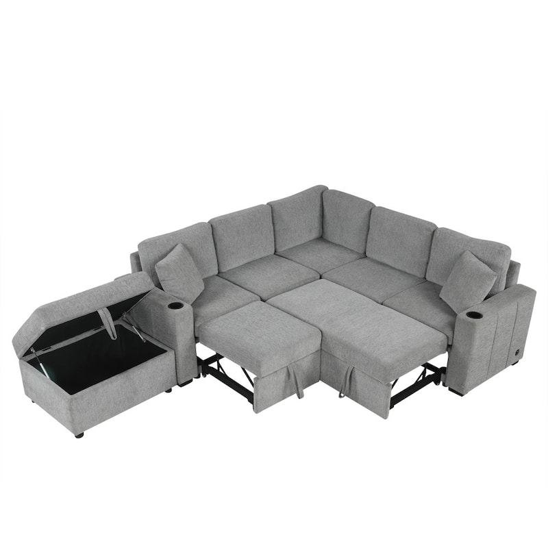 84.7" Modern L-shaped Sectional Sofa Set with a Movable Storage Ottoman and Pull-out Sofa
