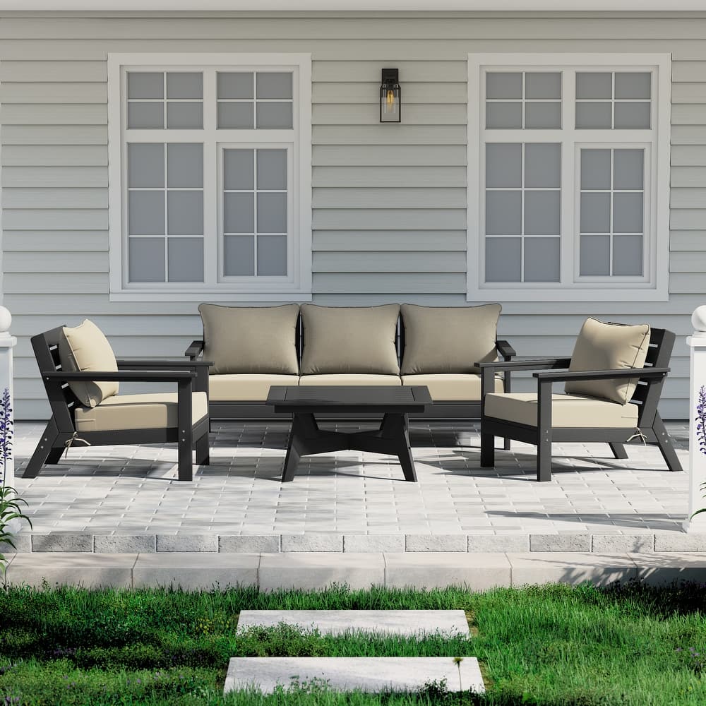 Birchwood All Weather HDPE Outdoor Patio Black Deep Seating Conversation Set (6-Piece Set)