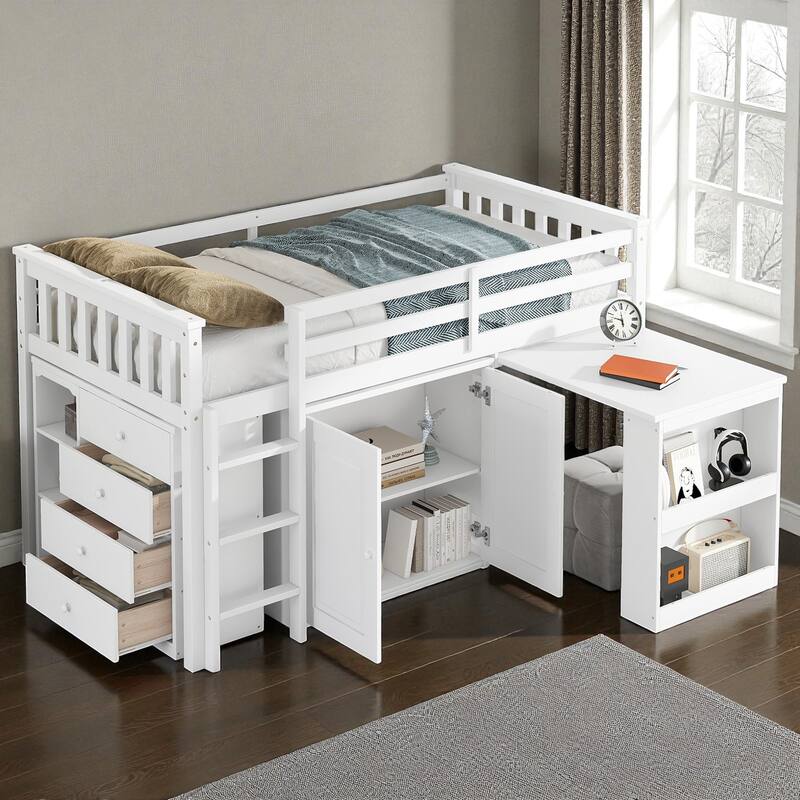 Twin Size Rubber Wood Loft Bed with Pull-Out Desk, Storage Cabinets, Drawers and Shelves, Safety Guardrail and Ladder - White - Twin