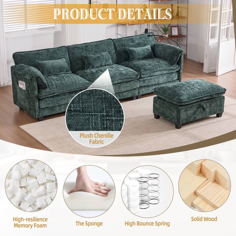Modern Chenille Chaise Couch L-shaped Sectional Sofa with Storage Ottoman, Phone Holder, USB/Type-C Ports and Side Pockets