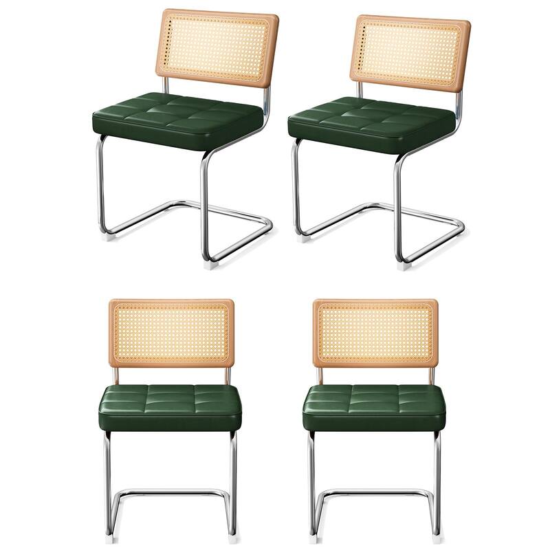 Natural Rattan Dining Chairs Set of 4, Modern Dining Room Chairs with Solid Wood Back, Mid Century Breuer Design Inspired - Green