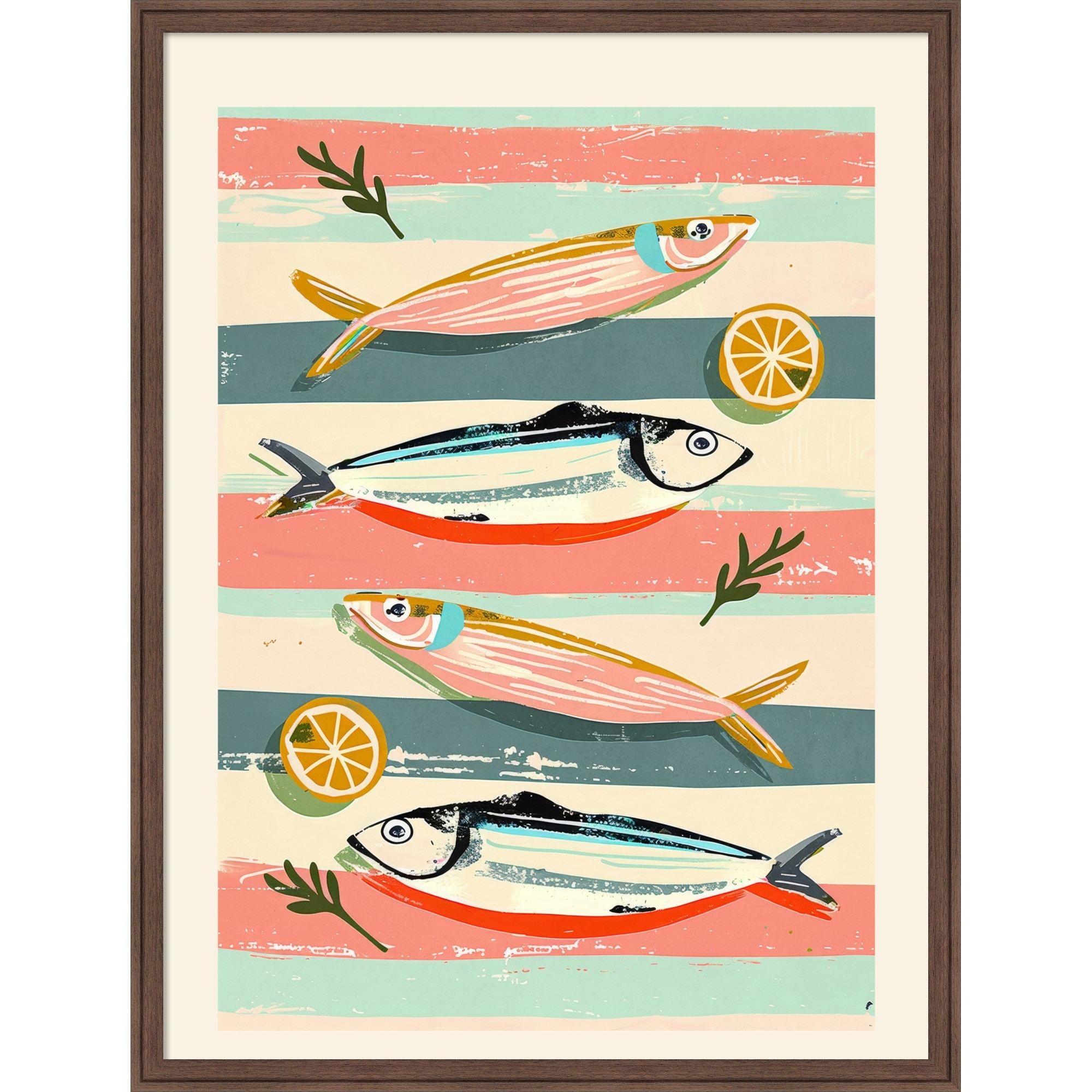 Sardines On Stripes by Nadjaa Framed Mounted Canvas Wall Art Print