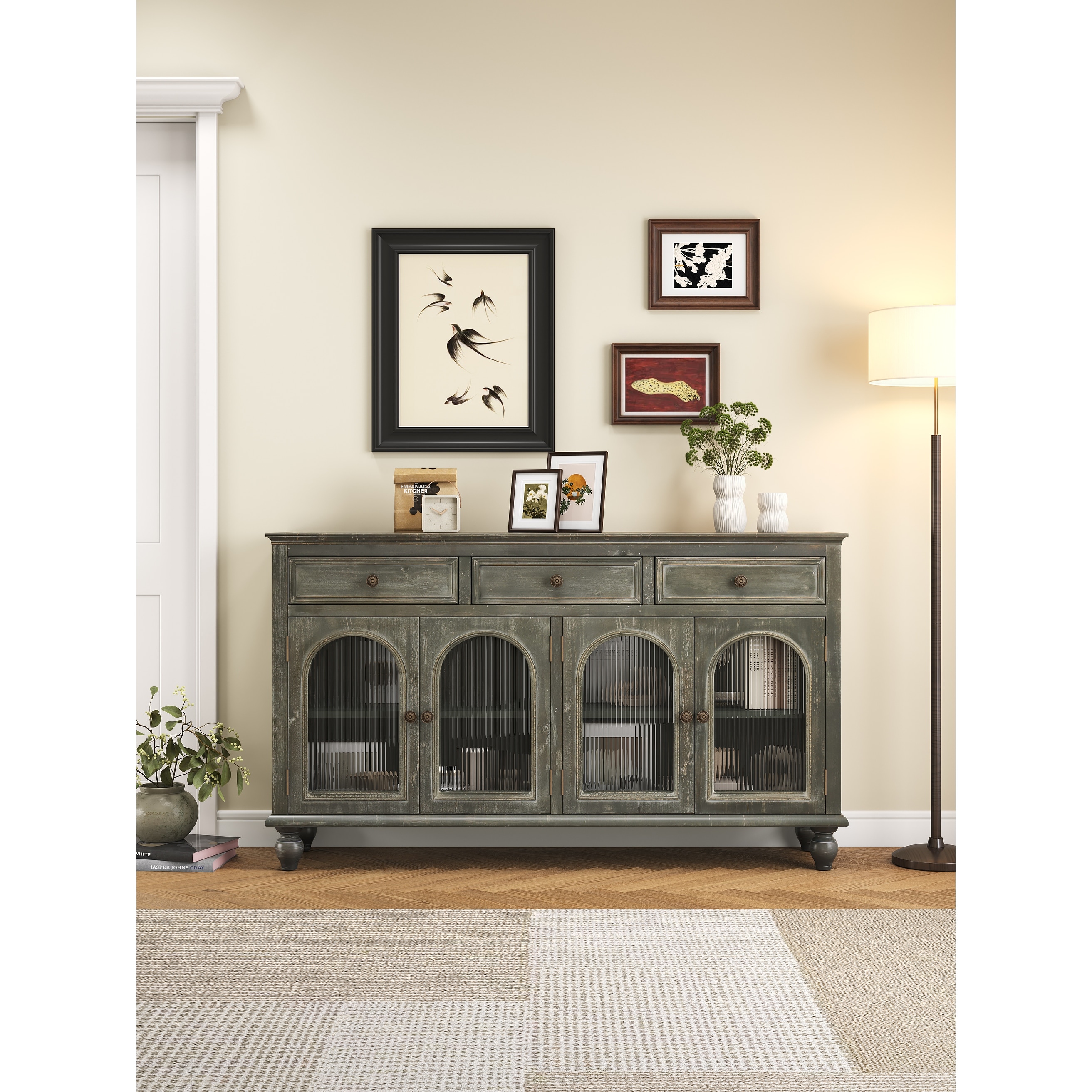 59.06"Farmhouse Sideboard Buffet Cabinet, Distressed Wood Credenza with 3 Drawers & 4 Glass Doors, Storage Cabinet with Shelves