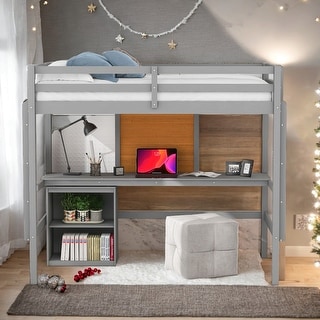 Twin size Loft Bed with Desk, Writing Board and Drawers Cabinet, Grey