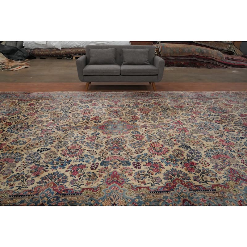Hand Knotted Oriental 100% Wool Carpet Traditional Floral Beige & Ivories Kerman Area Rug - 17' 9'' X 10' 8''