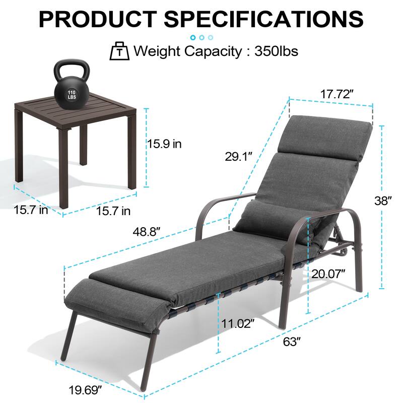 Outdoor Cushioned Chaise Lounge Chairs Adjustable Reclining Sun Lounger with Side Table