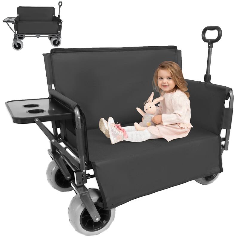 3-in-1 Collapsible Wagon, Convertible Folding Wagon Cart with Rear-Mounted Folding Tabletop, 500lbs Heavy-Duty, 180L Capacity - Black