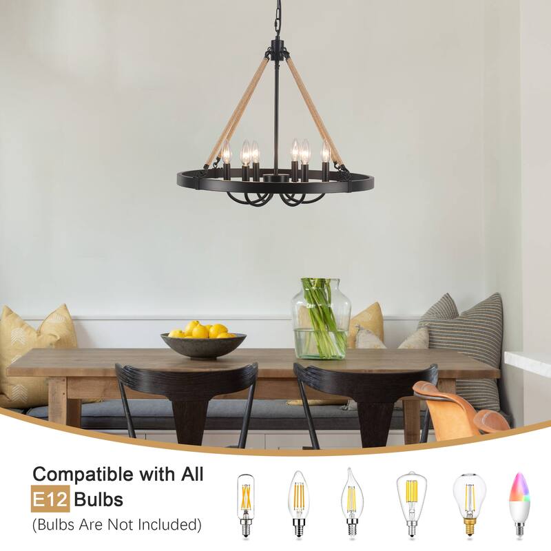 6 - Light Rustic Farmhouse Wagon Wheel Candle Style Chandelier for Living Room Bedroom Dinging Room