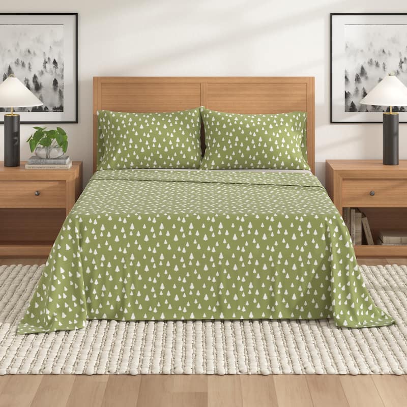 Linery & Co. Winter Turkish Cotton Double-Brushed Flannel Bed Sheet Set - King - Little Trees - Olive