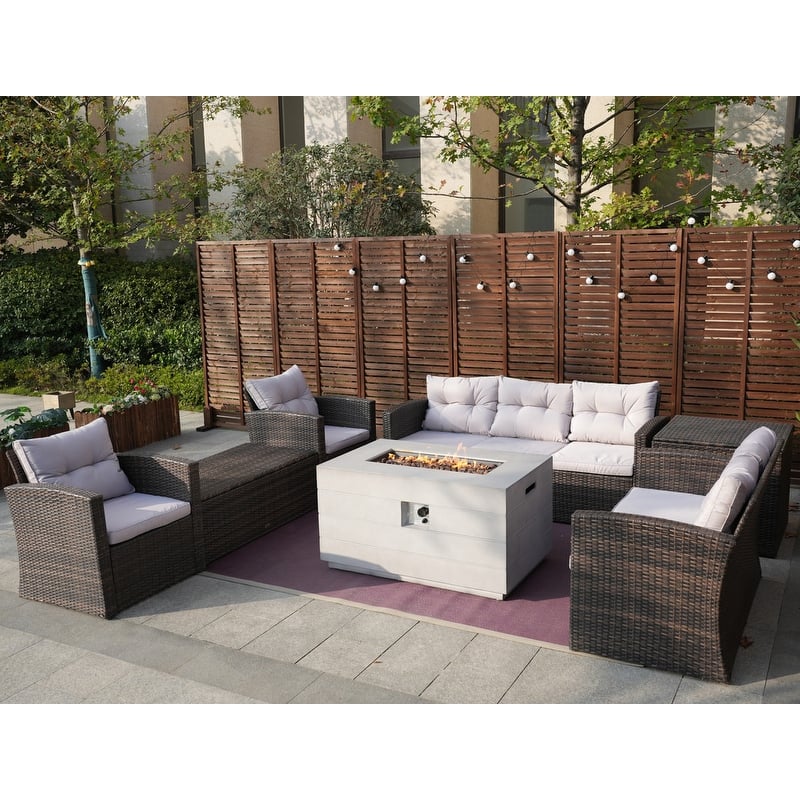 7-Piece Outdoor Rattan Conversation Sofa Set with Fire Pit Table