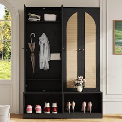 4-In-1 Seating Bench with 6 Hooks,Hall Tree with 4 Rattan Doors