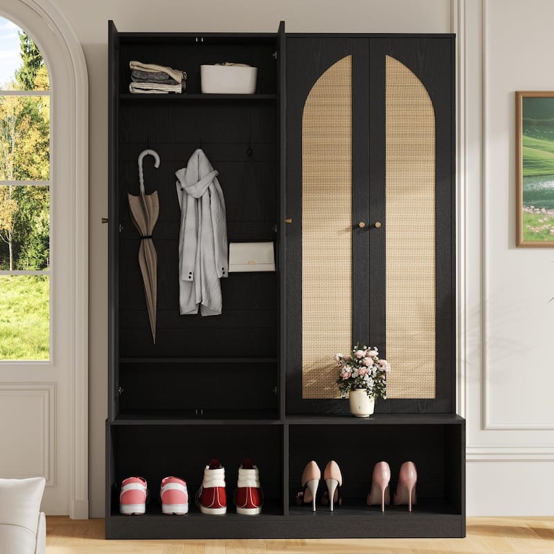 Farmhouse Hall Tree – 4 Rattan Doors, 4-in-1 Bench with Hooks & Shoe Storage, Black, 55.1" Wide‌ - Black