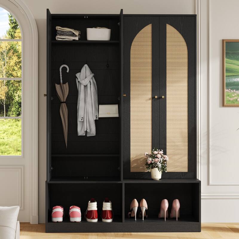 Farmhouse Hall Tree with Rattan Doors, Versatile 4-In-1 Seating Bench with 6 Hooks, Entryway Shoe Cabinet with Shelf
