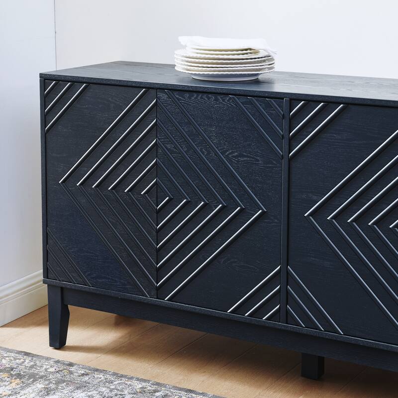 Buffet Cabinet with Storage, Farmhouse Fluted Sideboard with Geometric Pattern & Adjustable Shelves