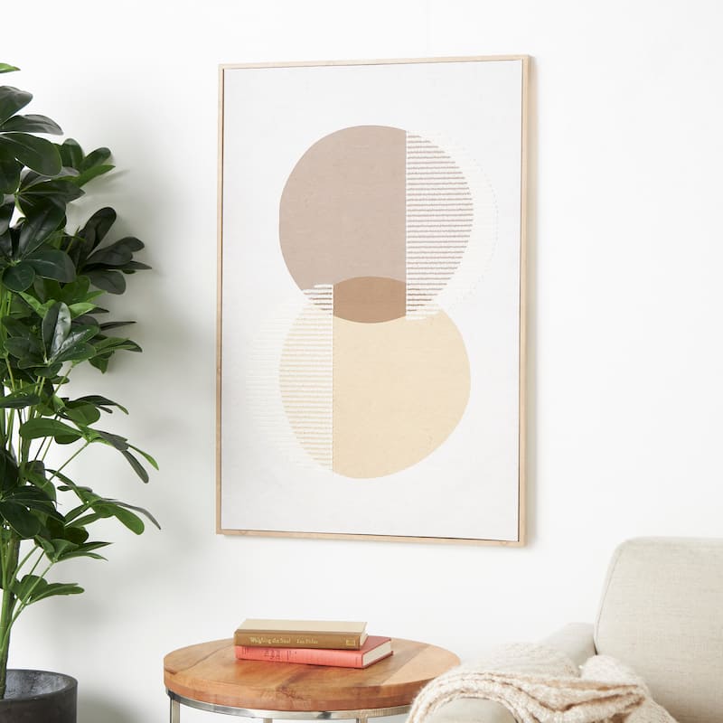 Brown Wooden Overlapping Circle Geometric Framed Wall Art with White Fabric Detailing - 25"W, 37"H