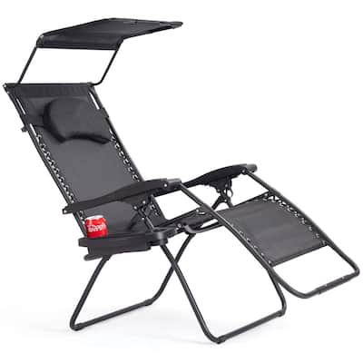 Outdoor Folding Recliner Lounge Chair with Sun Shade, Canopy, and Cup Holder- Black