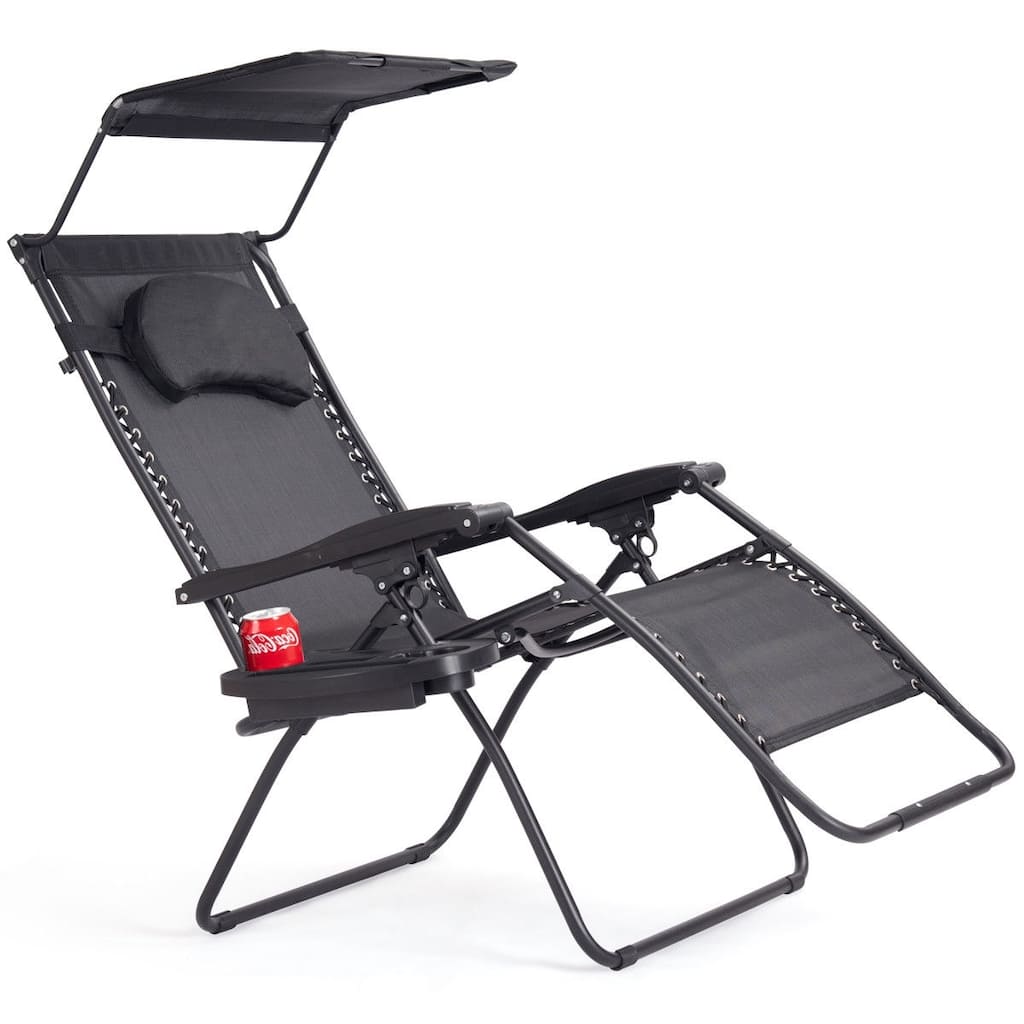 Outdoor Folding Recliner Lounge Chair with Sun Shade, Canopy, and Cup Holder- Black